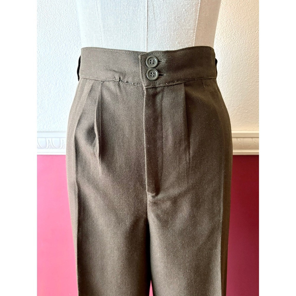 Vintage 100% Pure Wool High Waist Pleated Trousers Olive Green 8 Dark Academia - Picture 4 of 11